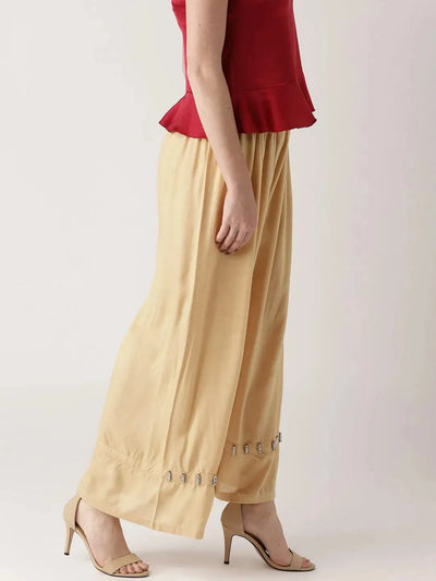 Beige Solid Rayon Palazzos - Libas