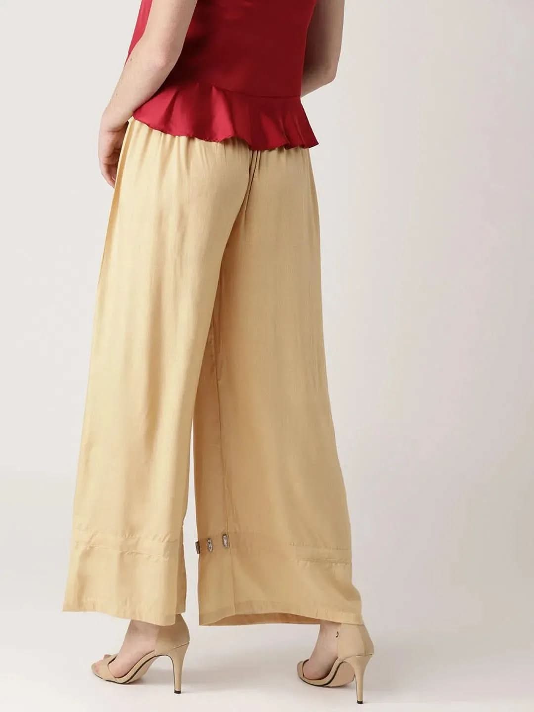 Beige Solid Rayon Palazzos - Libas 