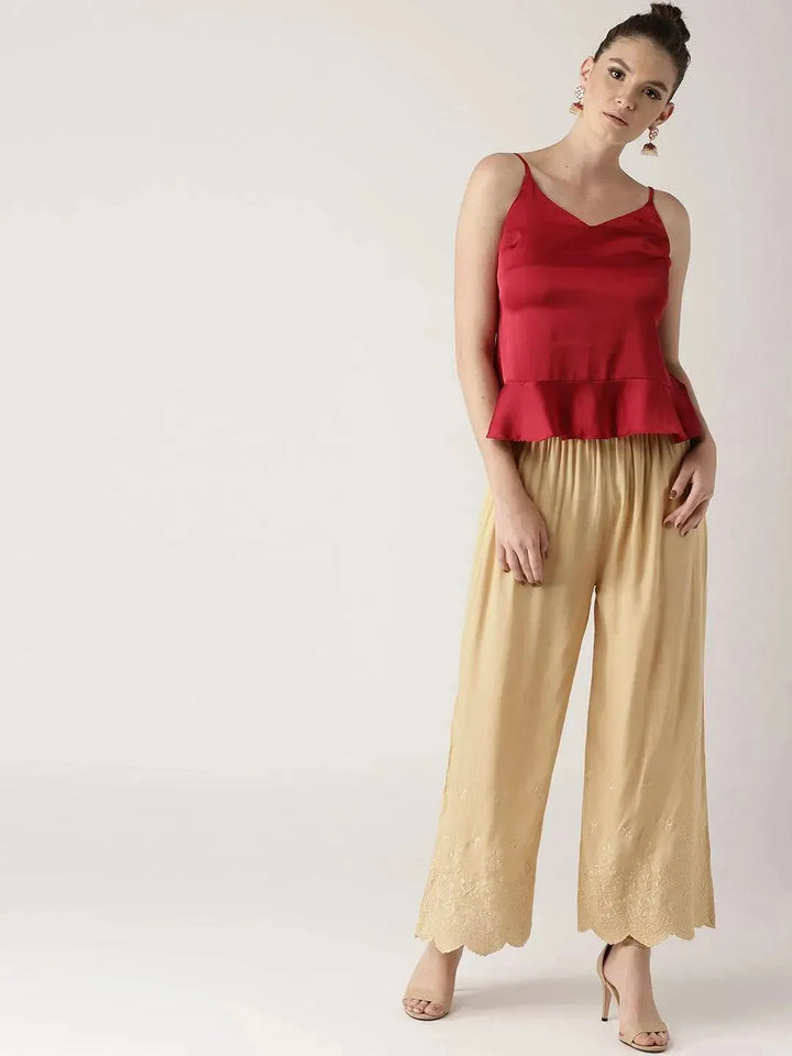 Beige Solid Rayon Palazzos - Libas