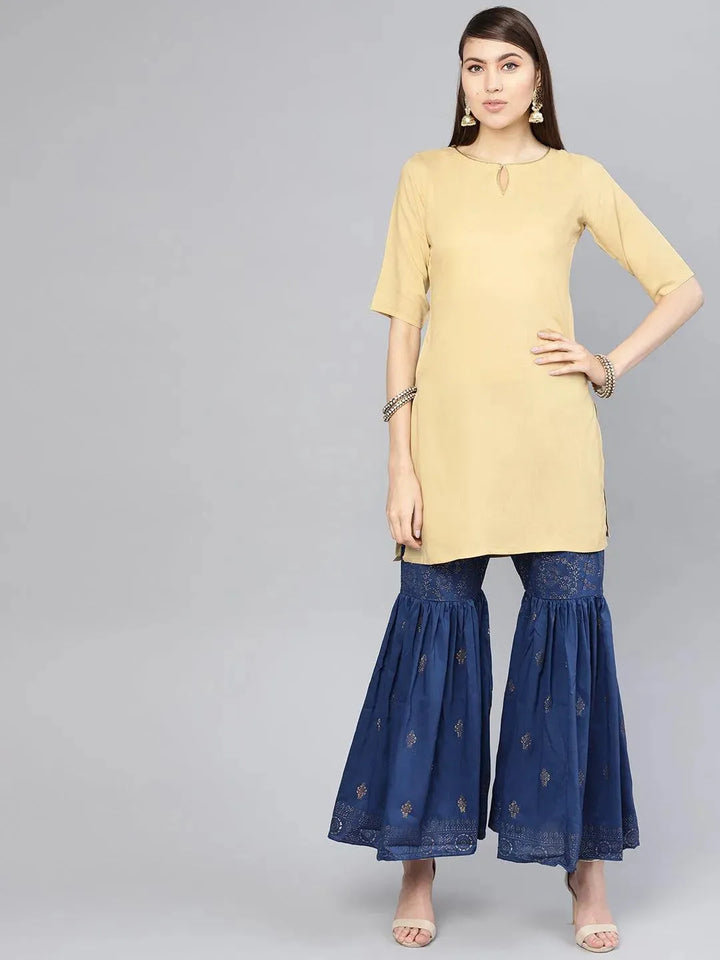 Beige Solid Rayon Kurta Set - Libas