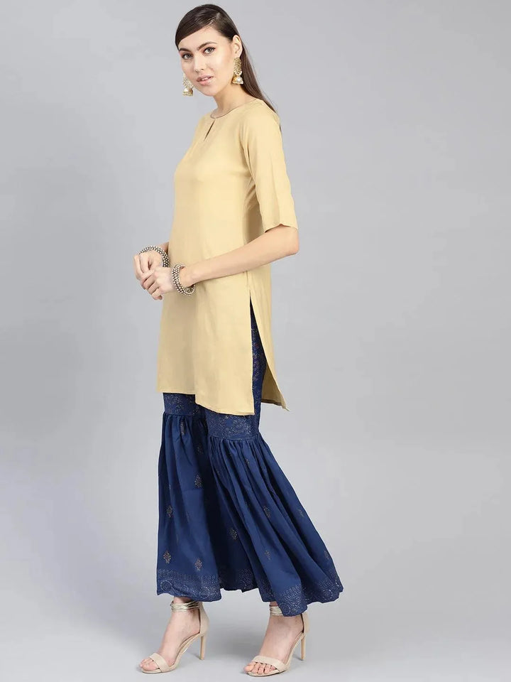 Beige Solid Rayon Kurta Set - Libas