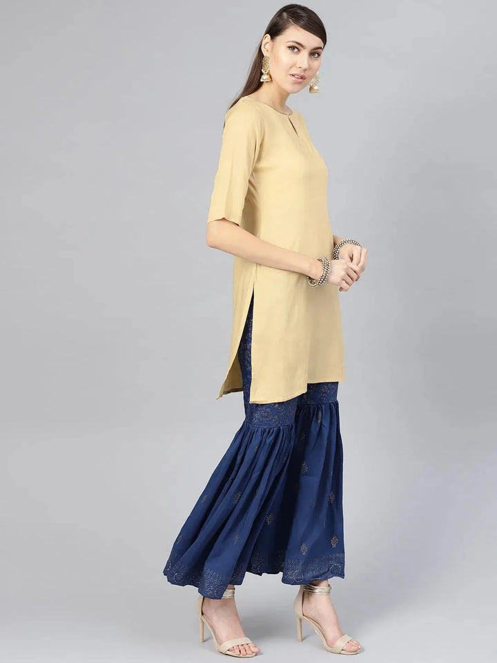 Beige Solid Rayon Kurta Set - Libas