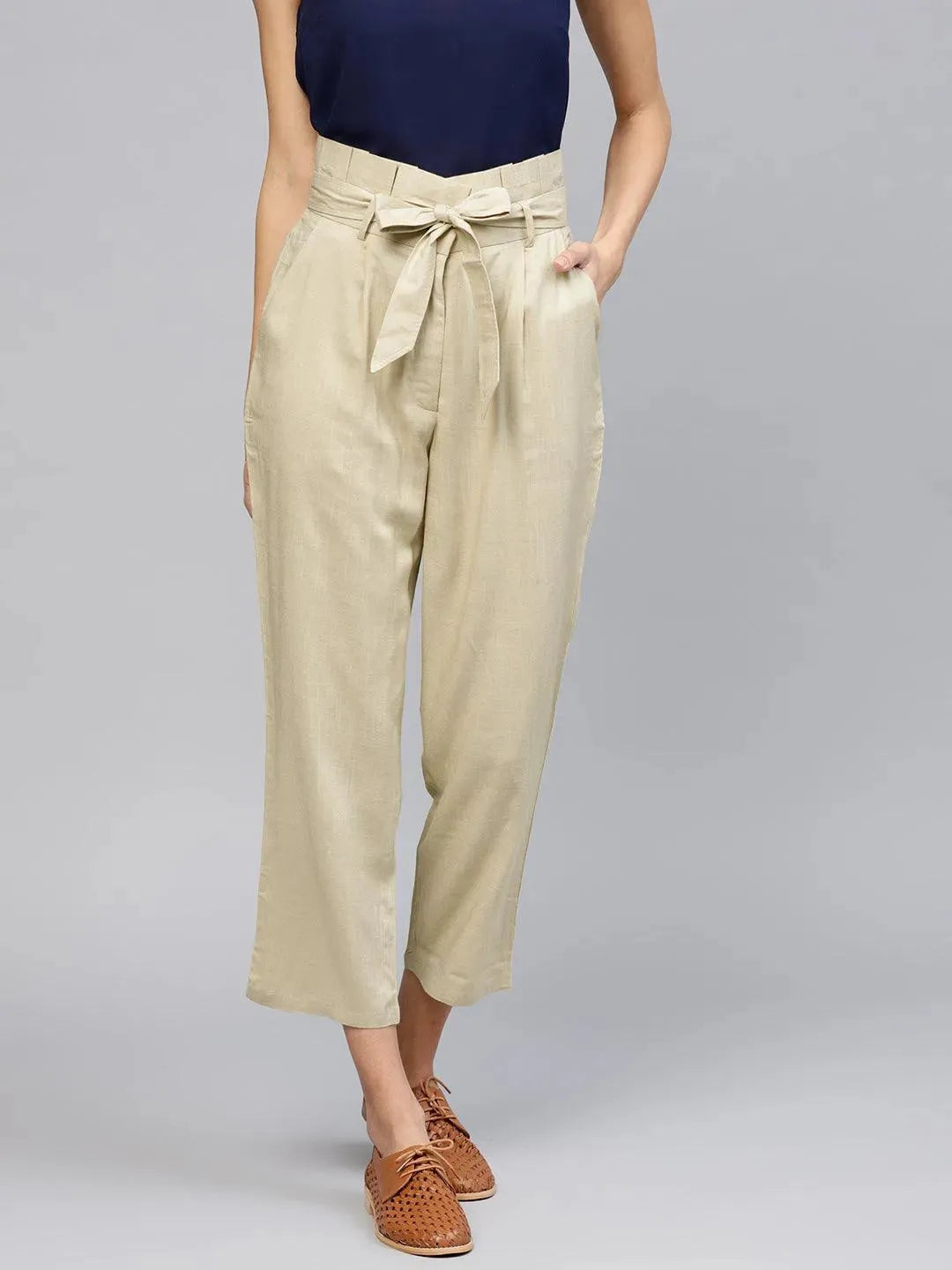 Beige Solid Rayon Trousers - Libas