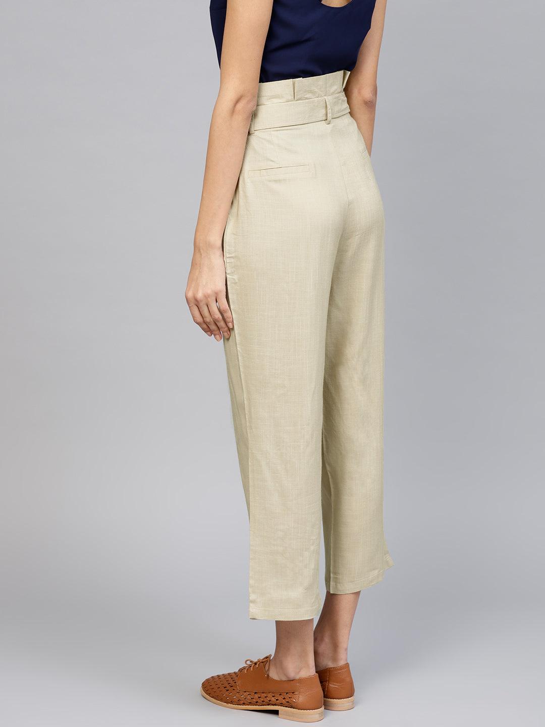 Beige Solid Rayon Trousers - Libas