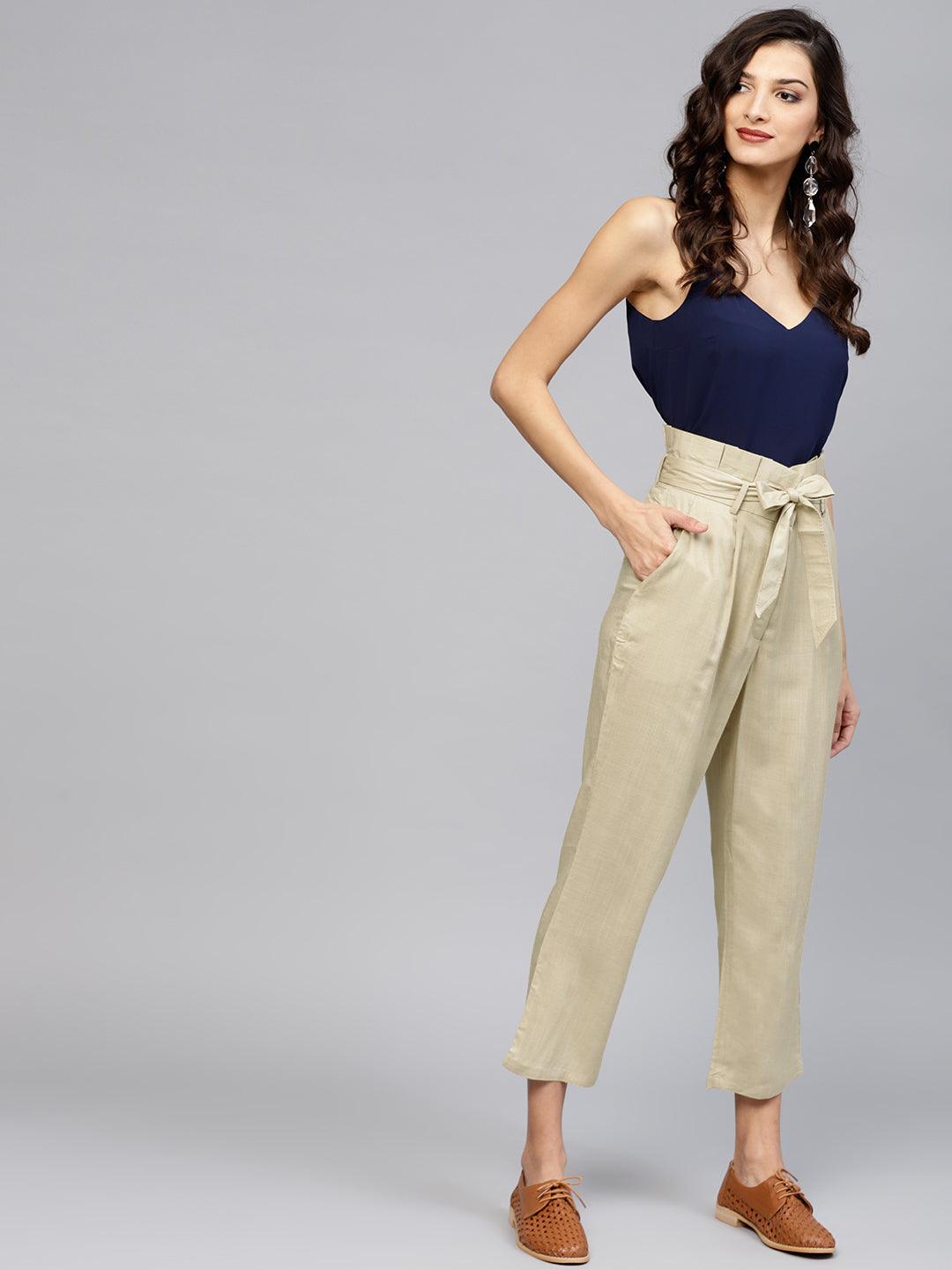 Beige Solid Rayon Trousers