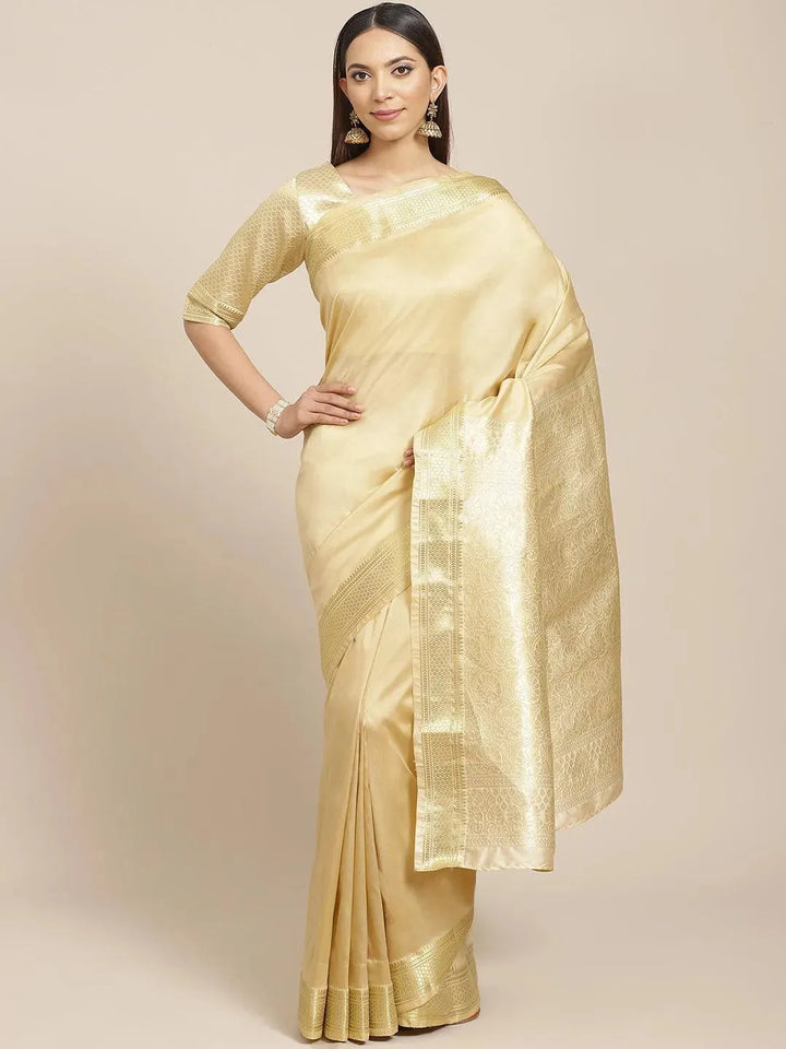 Beige Solid Silk Blend Saree - Libas