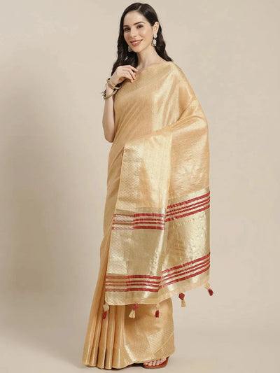 Beige Solid Silk Blend Saree - Libas