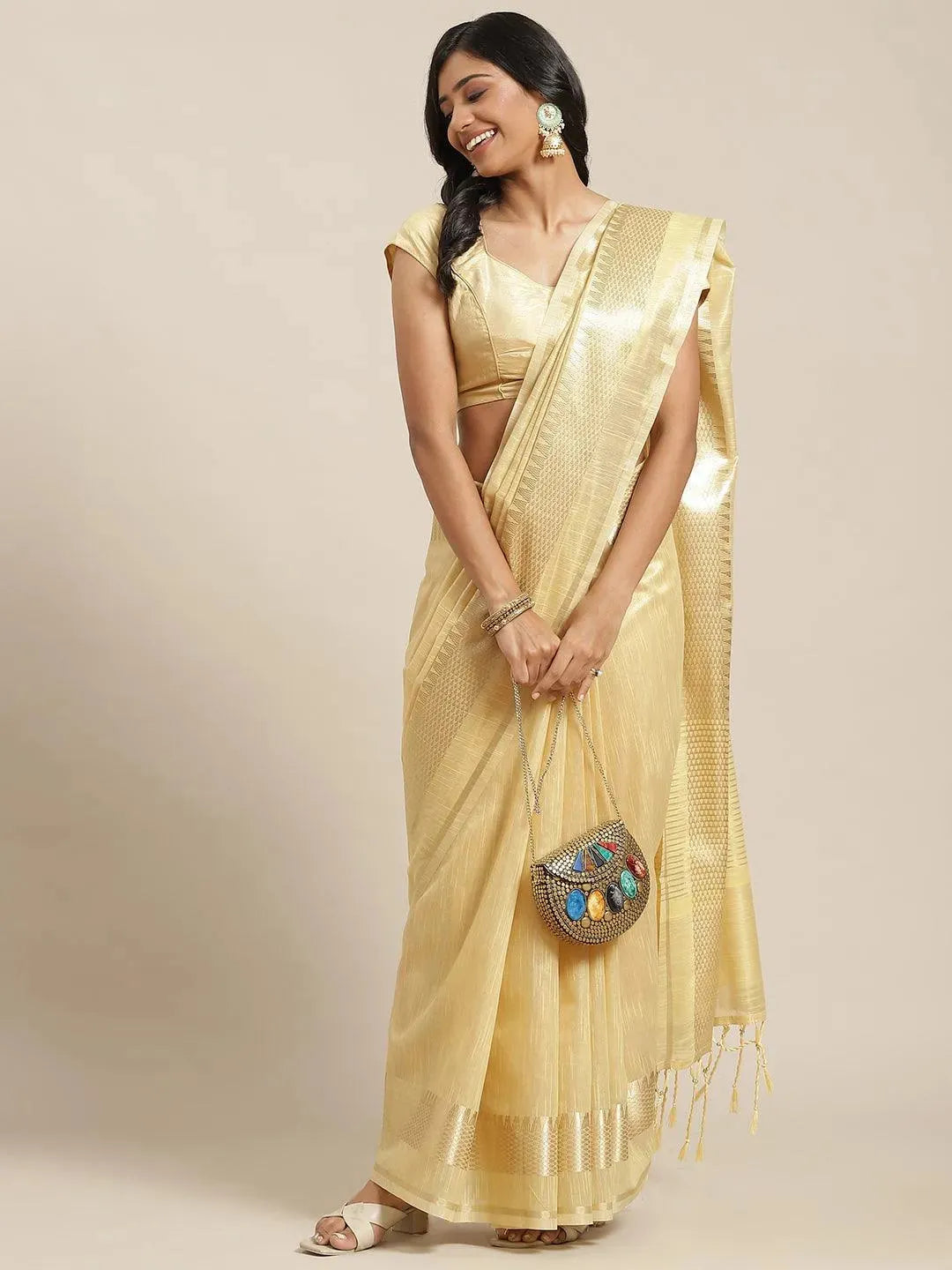 Beige Solid Silk Blend Saree - Libas