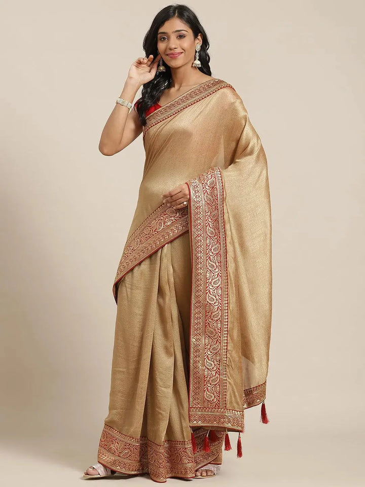 Beige Solid Silk Blend Saree - Libas