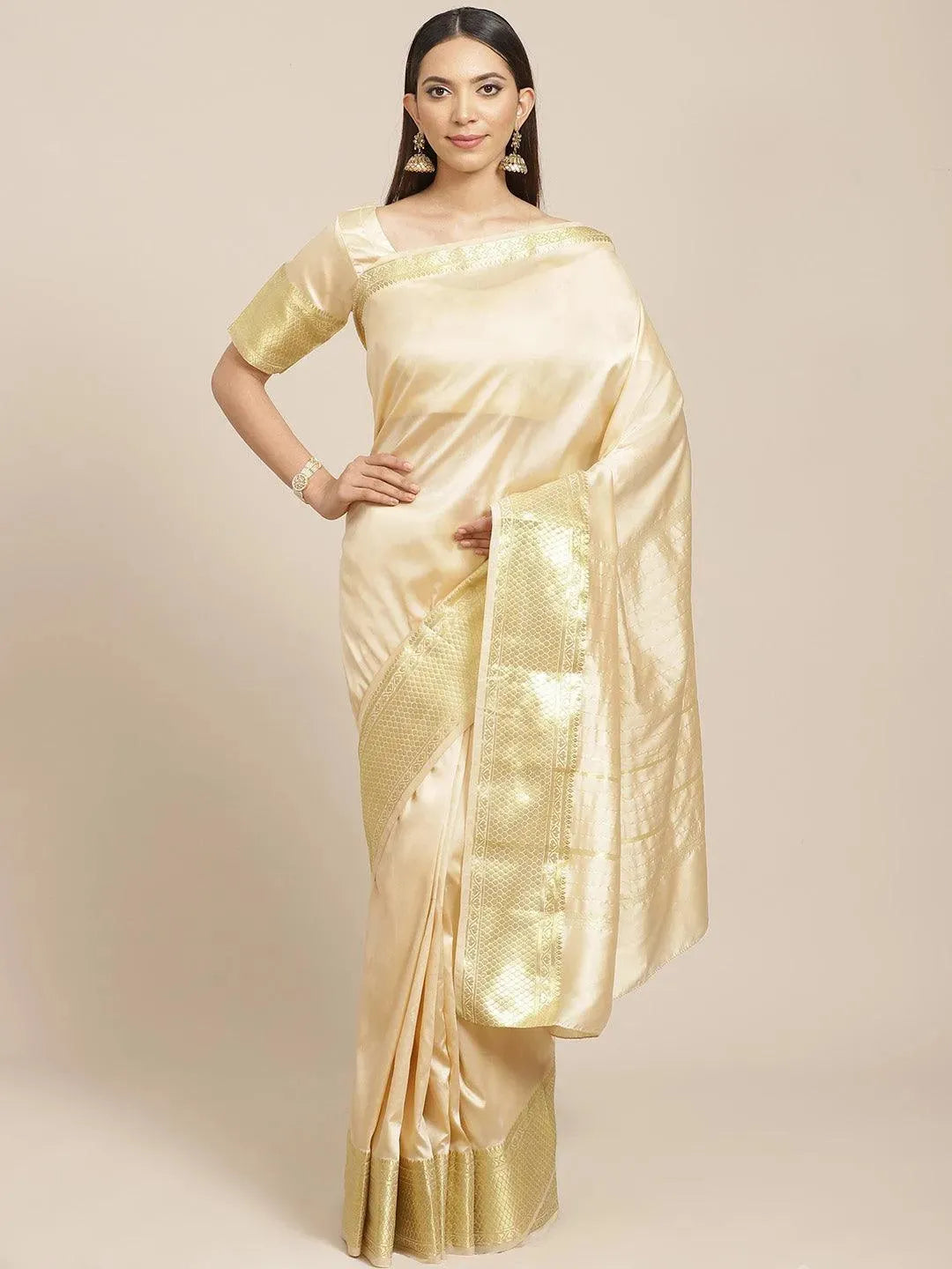 Beige Solid Silk Blend Saree - Libas