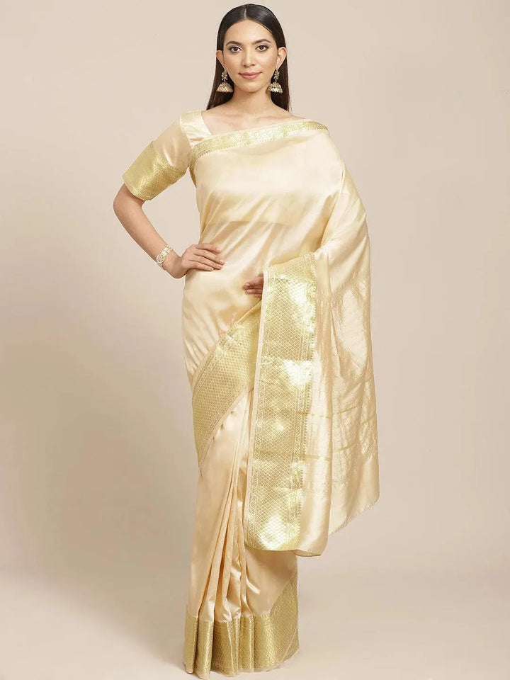 Beige Solid Silk Blend Saree - Libas