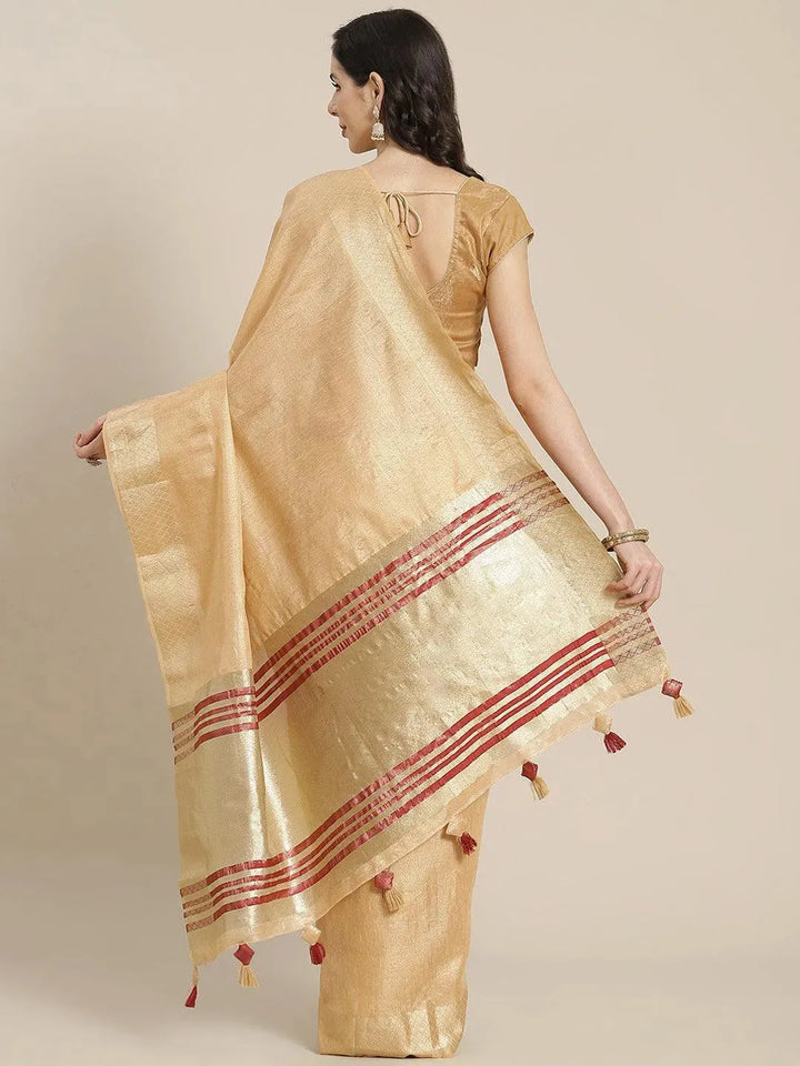 Beige Solid Silk Blend Saree - Libas