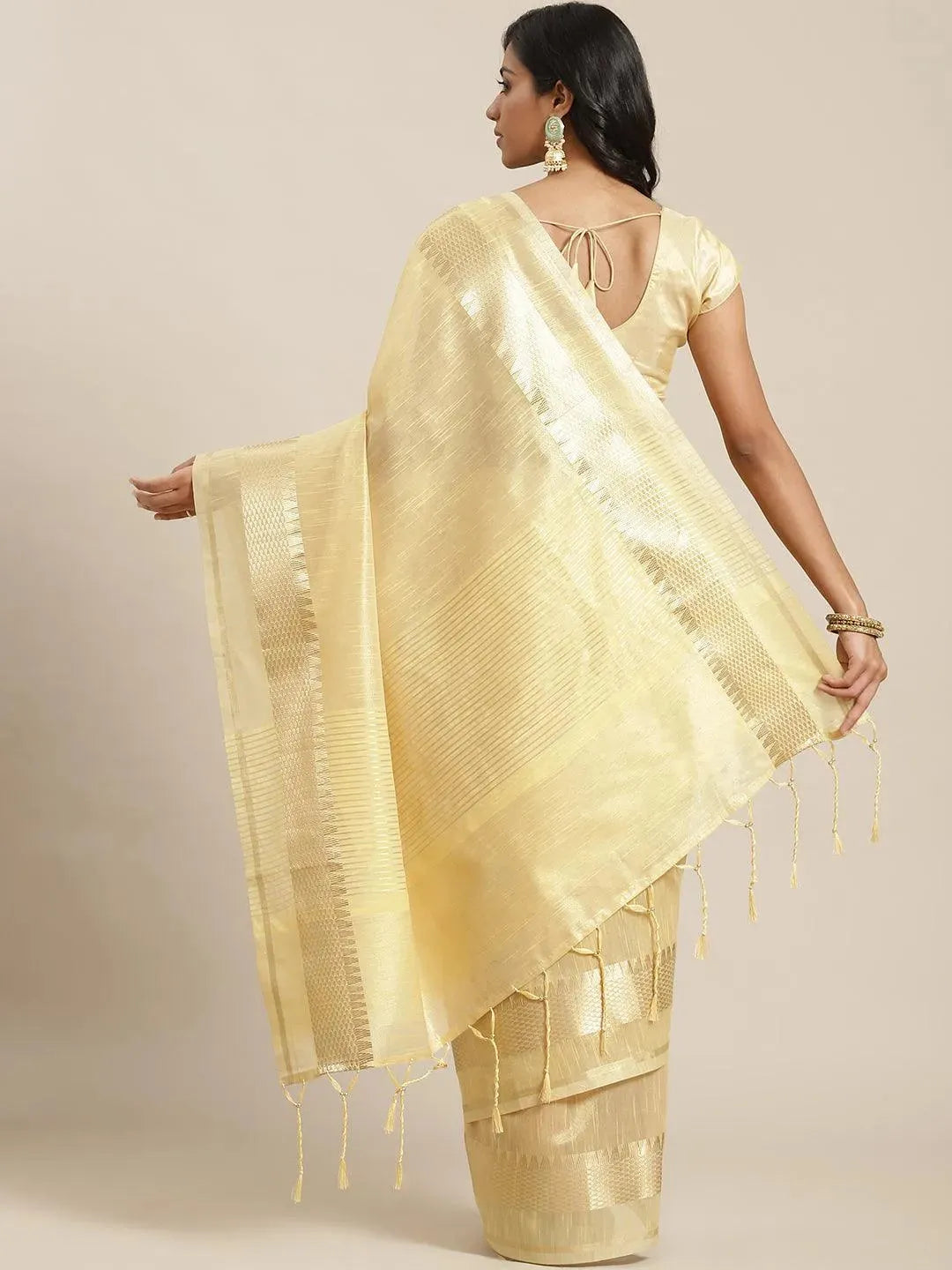 Beige Solid Silk Blend Saree - Libas