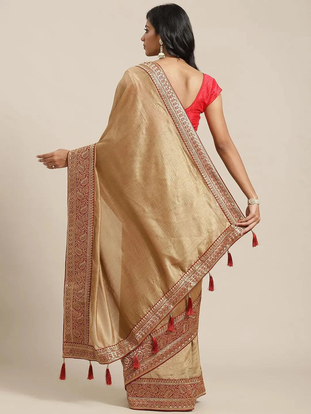 Beige Solid Silk Blend Saree - Libas