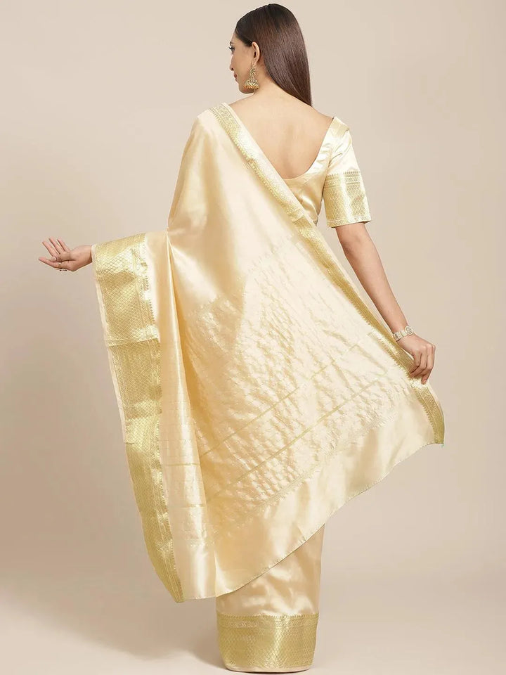 Beige Solid Silk Blend Saree - Libas