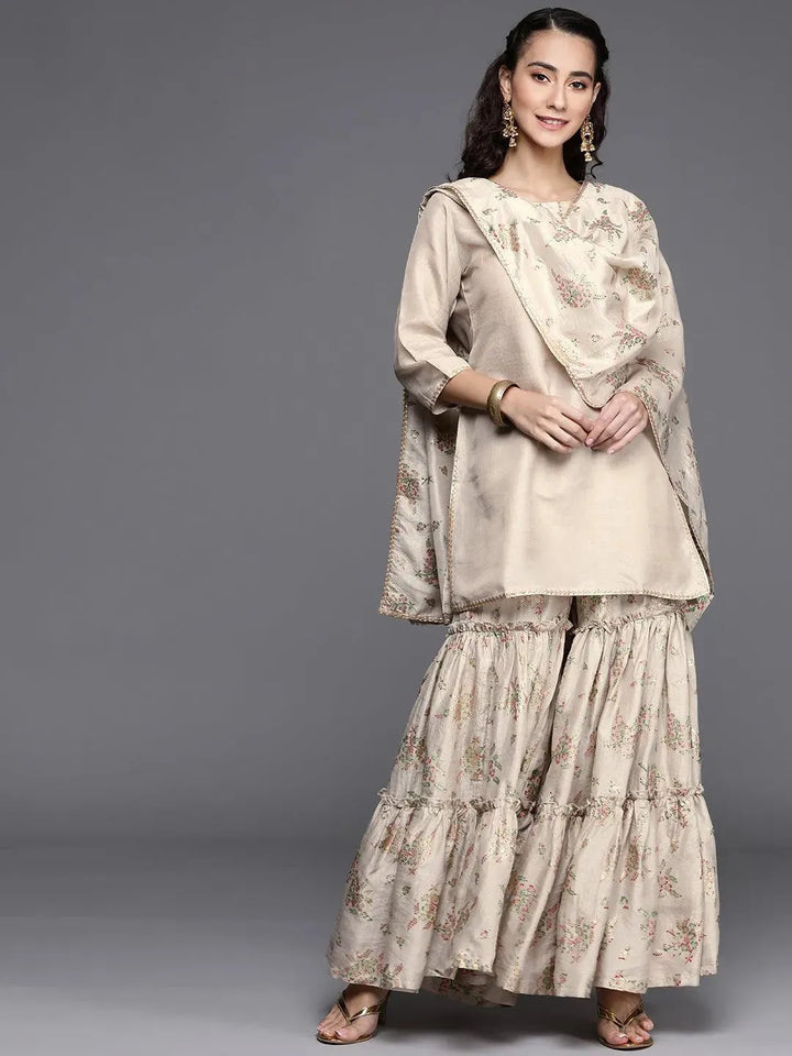 Beige Solid Silk Blend Suit Set - Libas