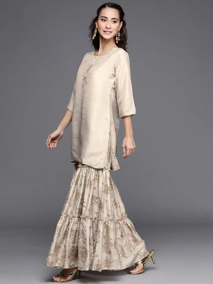 Beige Solid Silk Blend Suit Set - Libas