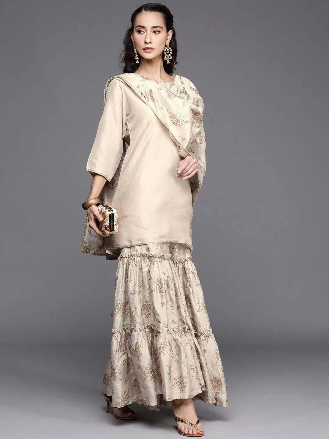 Beige Solid Silk Blend Suit Set - Libas 