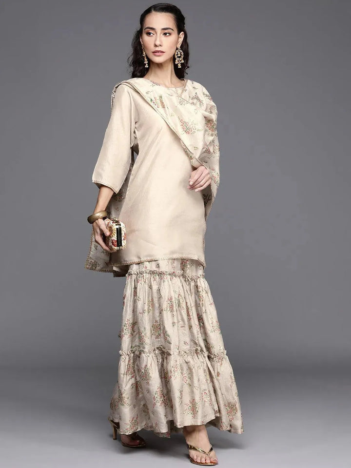 Beige Solid Silk Blend Suit Set - Libas