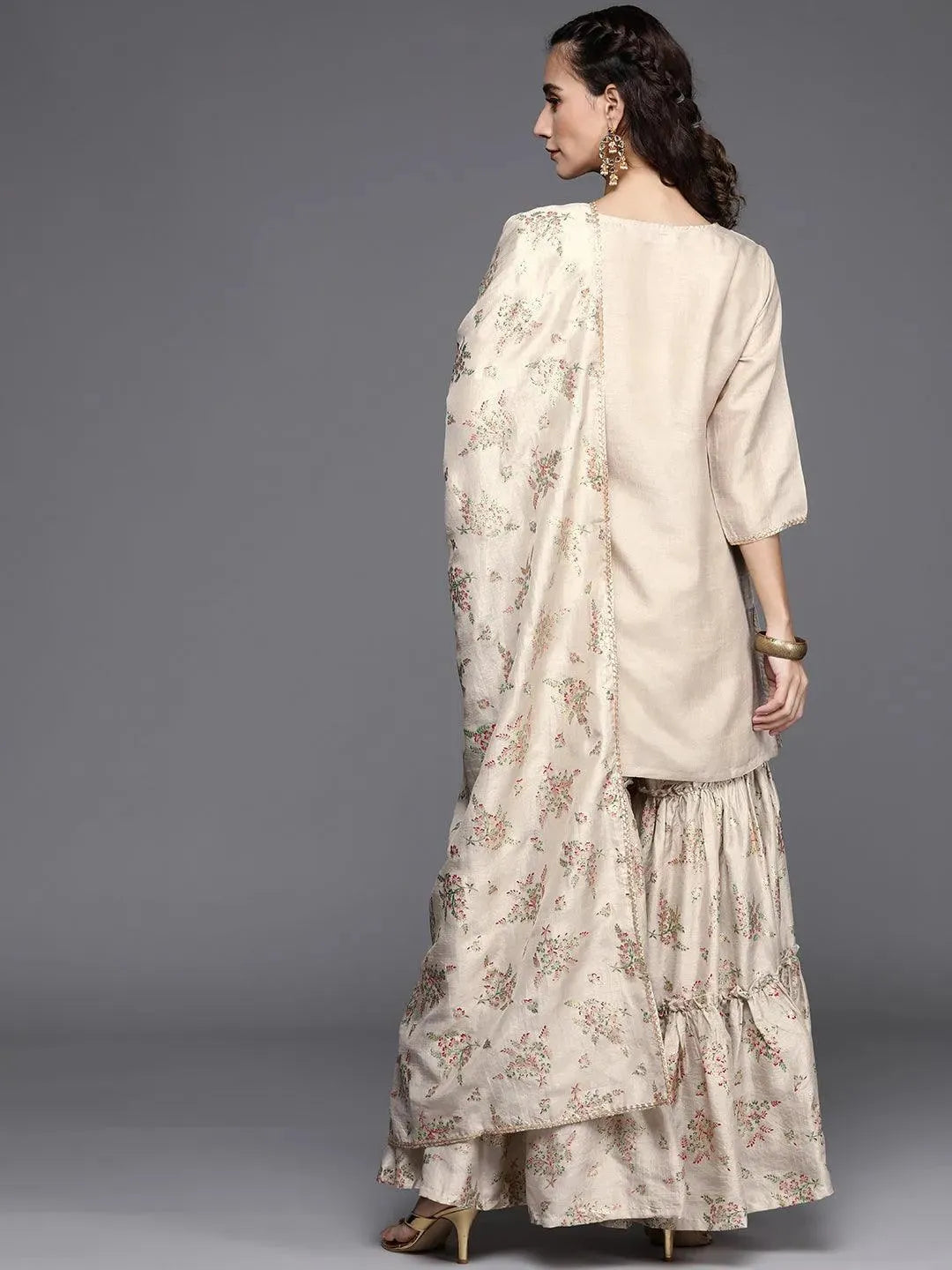Beige Solid Silk Blend Suit Set - Libas 