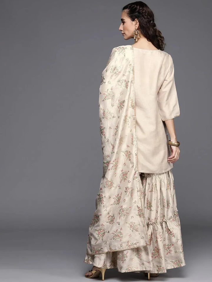 Beige Solid Silk Blend Suit Set - Libas