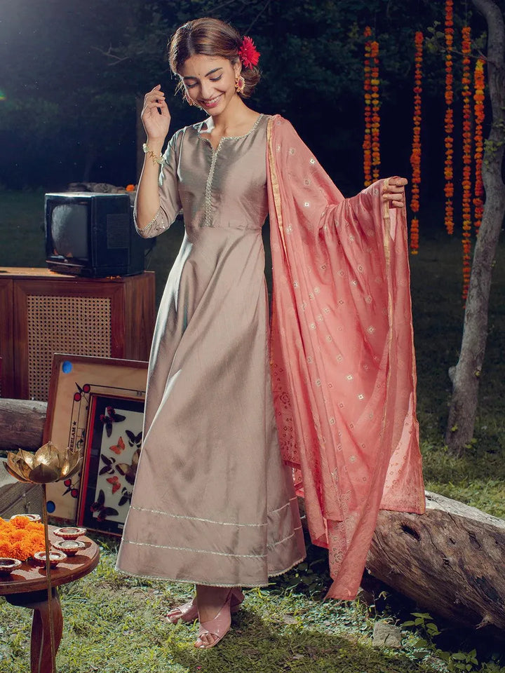 Beige Solid Silk Dress With Dupatta - Libas