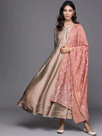 Beige Solid Silk Dress With Dupatta - Libas