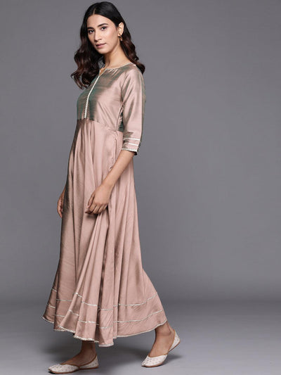Beige Solid Silk Dress With Dupatta - Libas