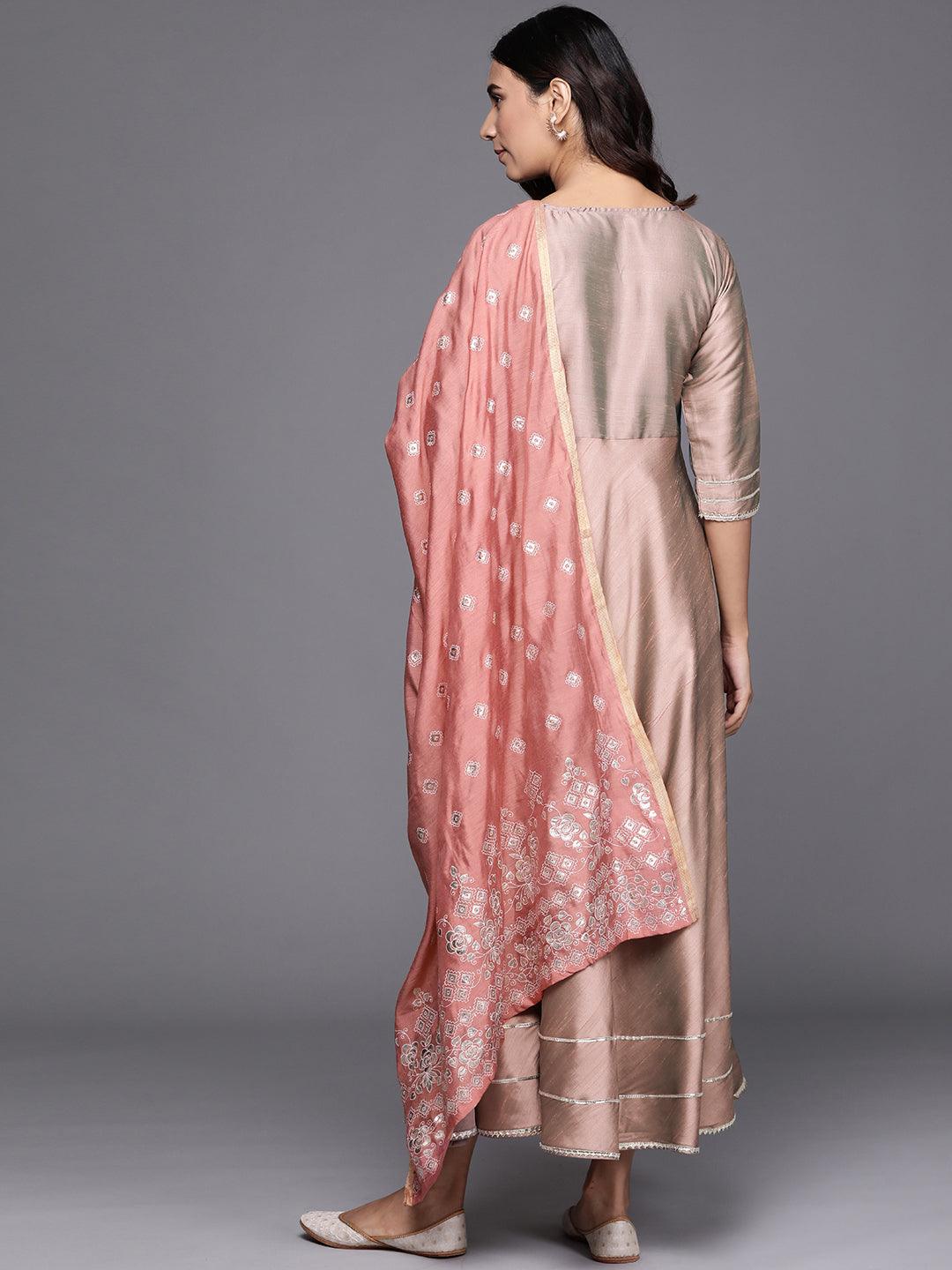 Beige Solid Silk Dress With Dupatta