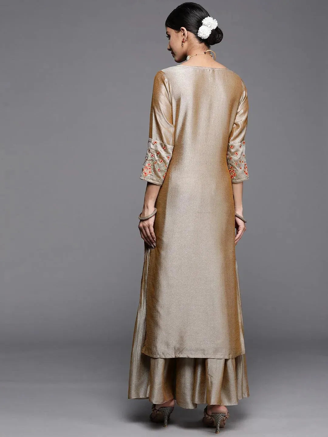 Beige Solid Silk Kurta - Libas 