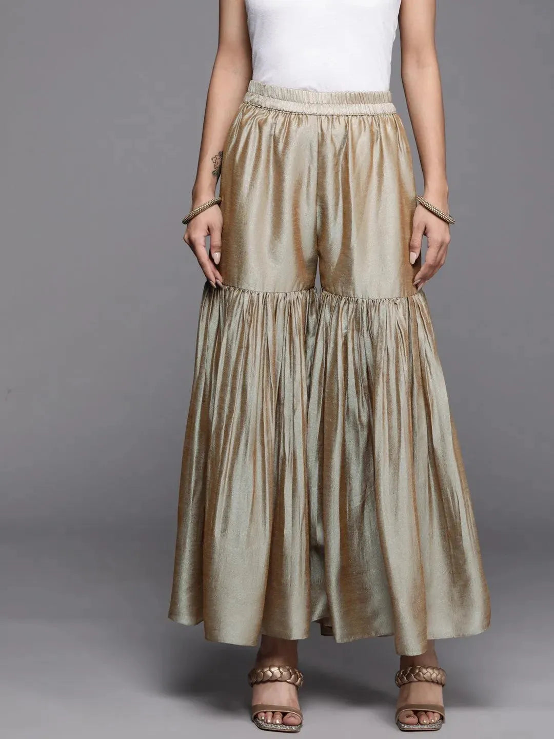 Beige Solid Silk Palazzos - Libas
