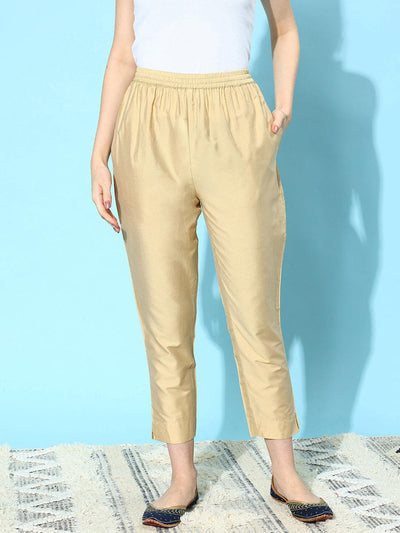 Beige Solid Silk Trousers - Libas