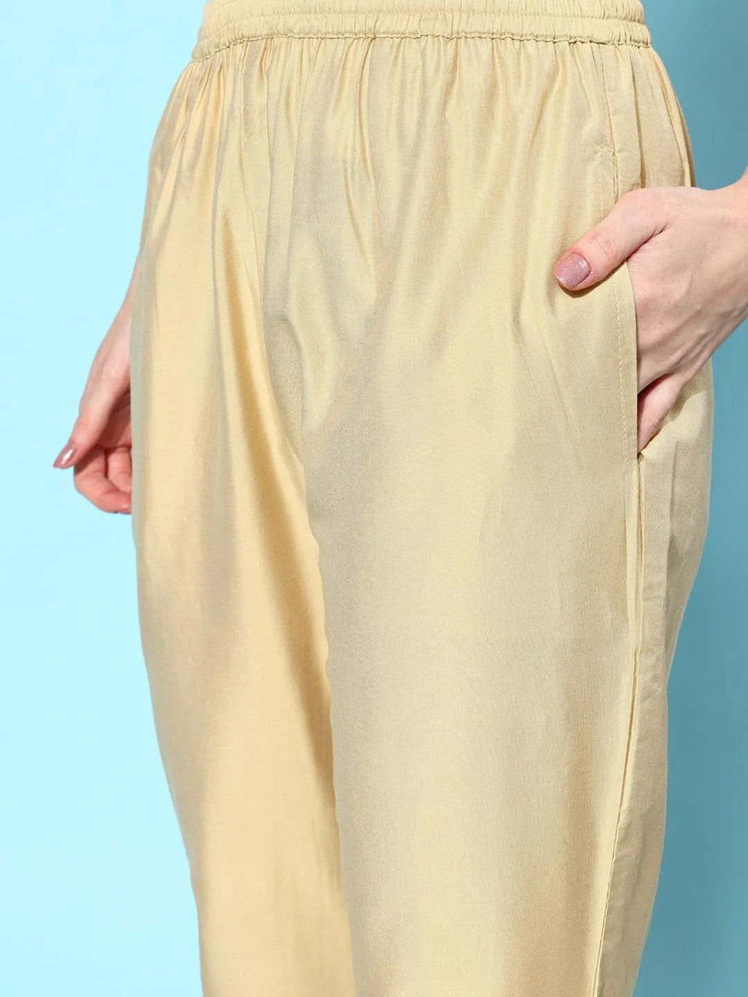 Beige Solid Silk Trousers - Libas