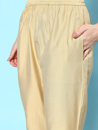 Beige Solid Silk Trousers - Libas