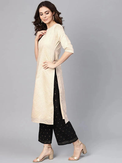 Beige Striped Chanderi Kurta - Libas