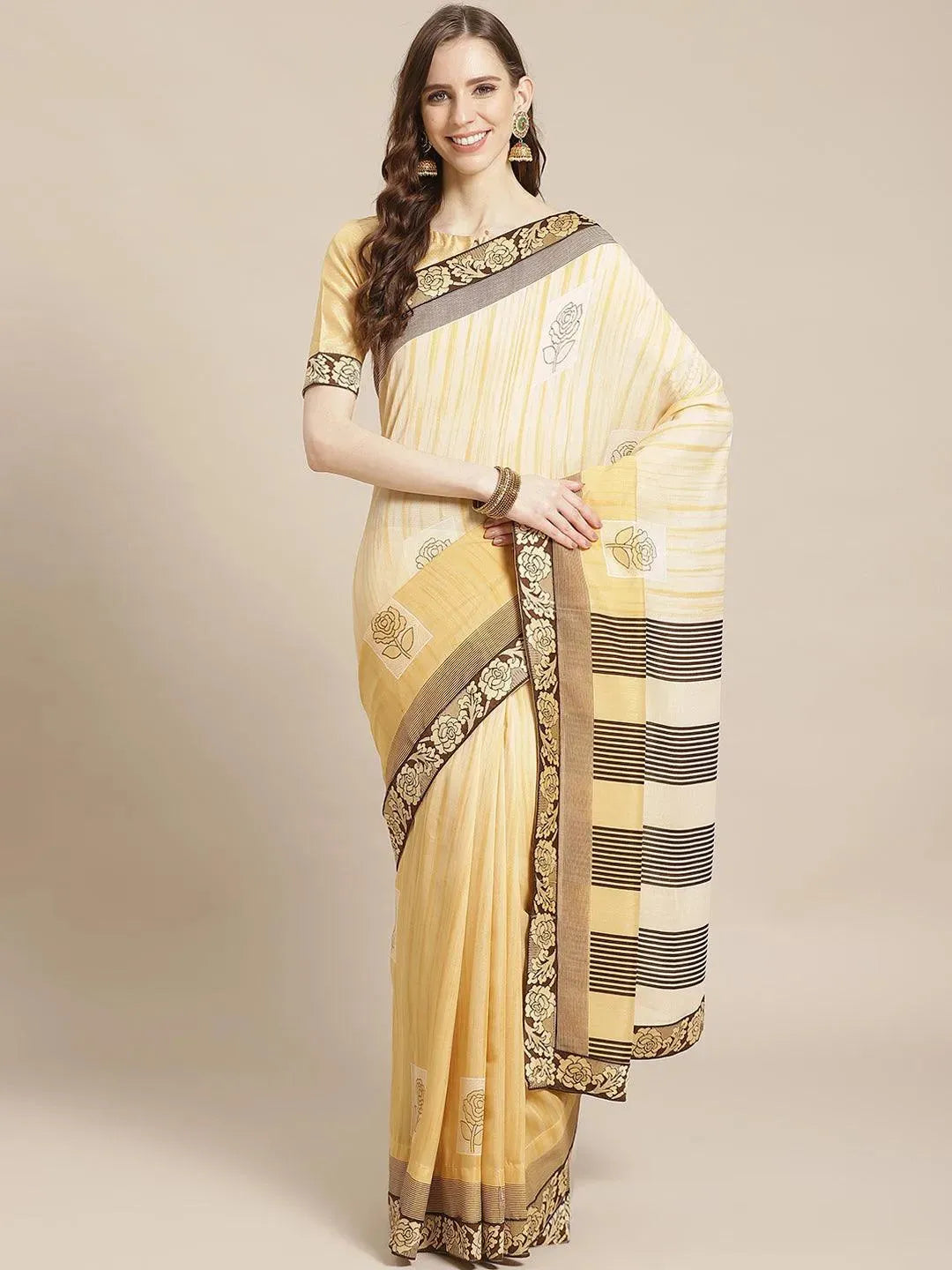 Beige Striped Chiffon Saree - Libas