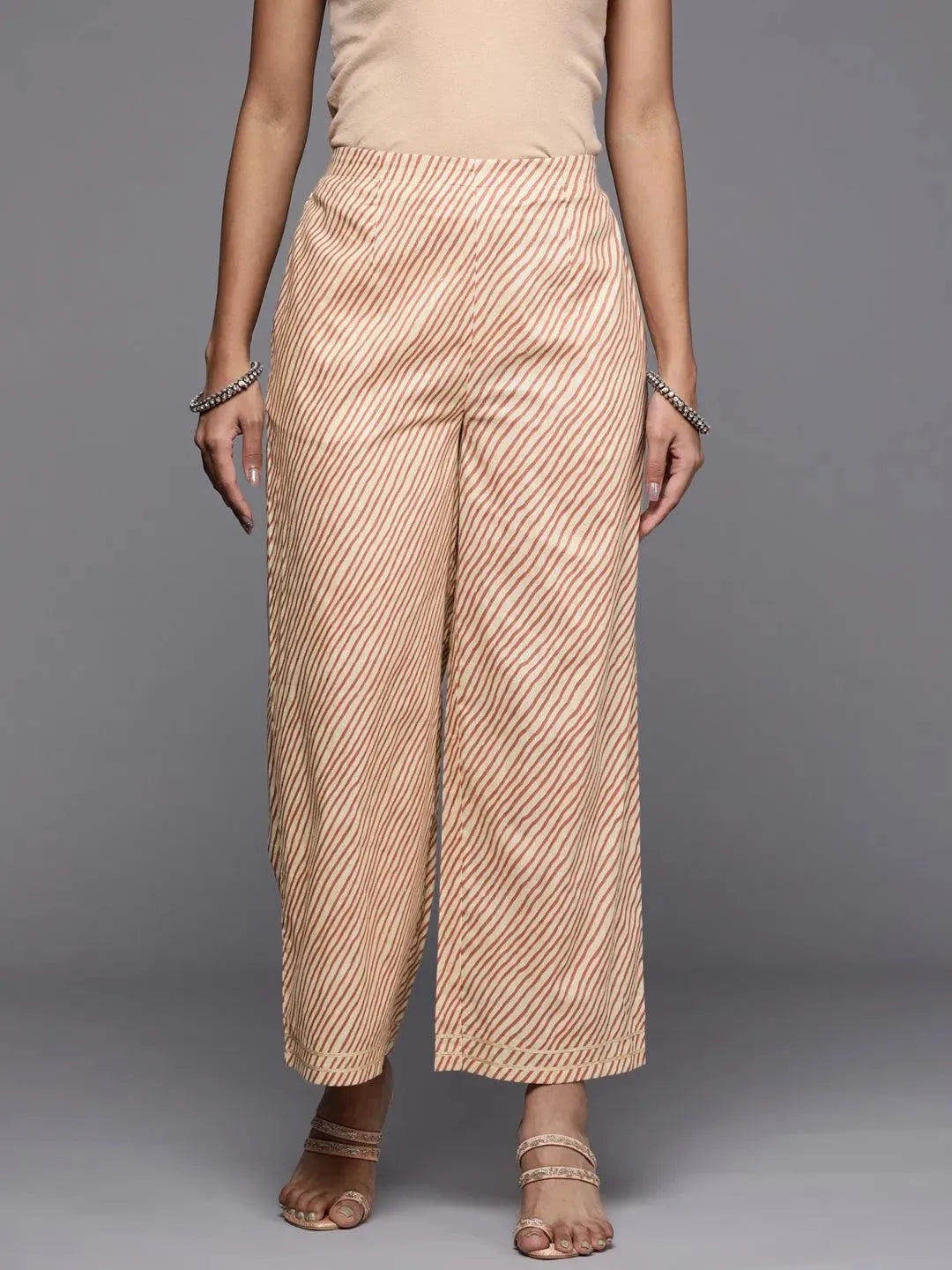 Beige Striped Cotton Palazzos - Libas