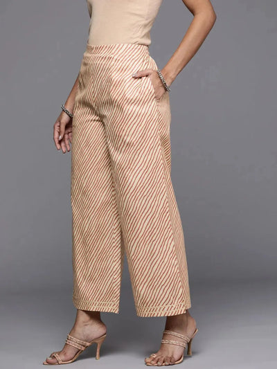 Beige Striped Cotton Palazzos - Libas