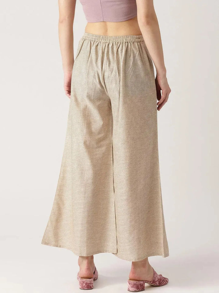 Beige Striped Cotton Palazzos - Libas