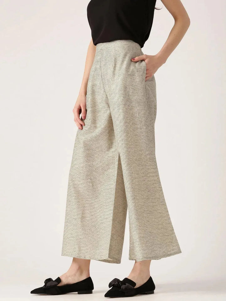 Beige Striped Cotton Palazzos - Libas