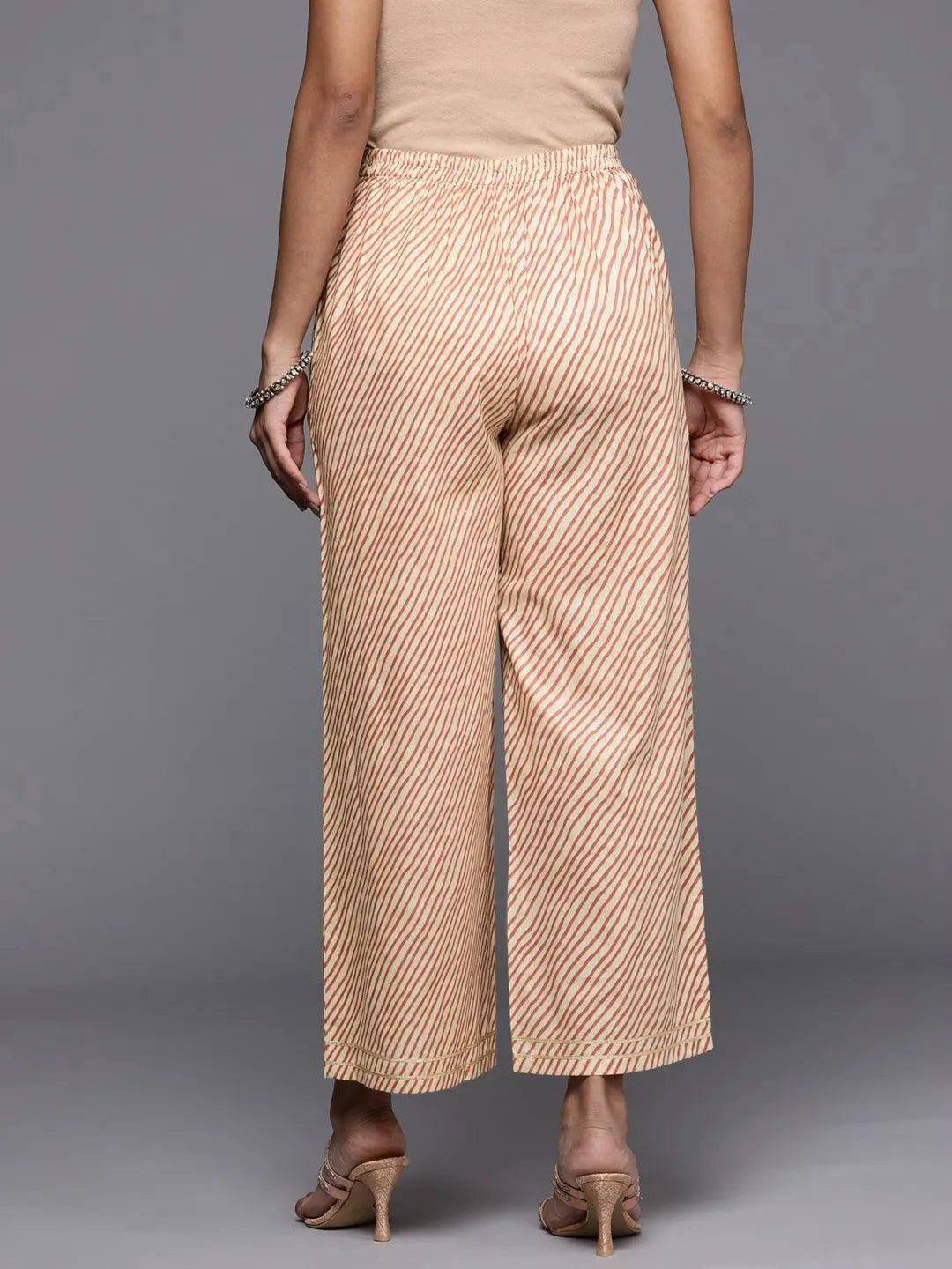 Beige Striped Cotton Palazzos - Libas