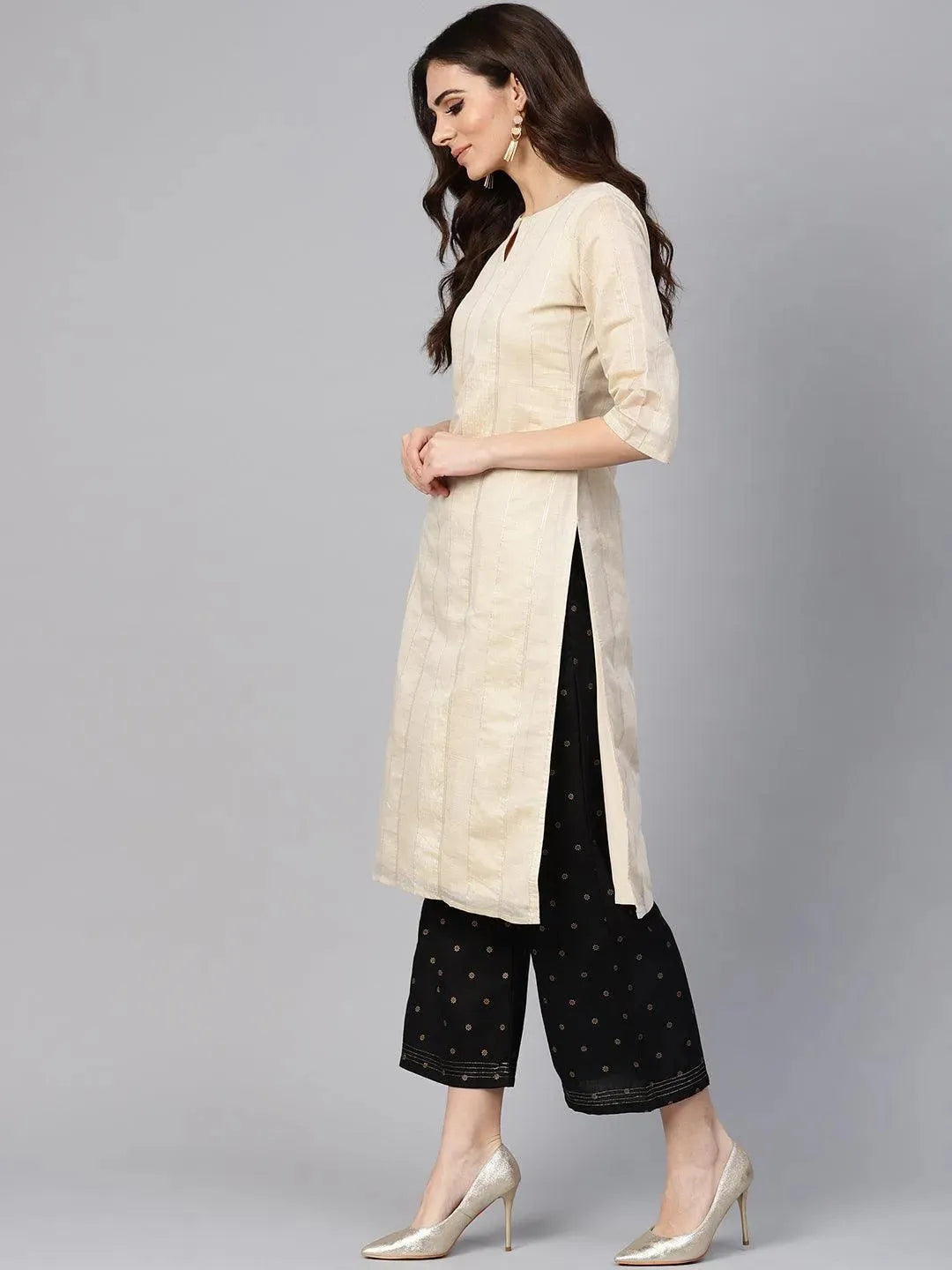 Beige Striped Polyester Kurta - Libas