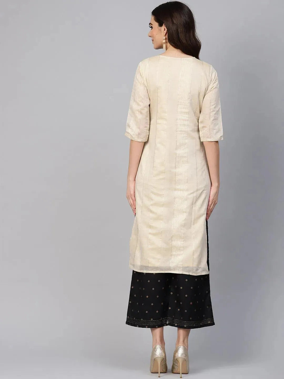 Beige Striped Polyester Kurta - Libas