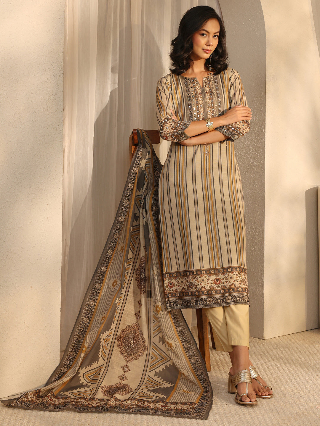  Beige Striped Printed Cotton Blend Straight Suit Set With Dupatta 