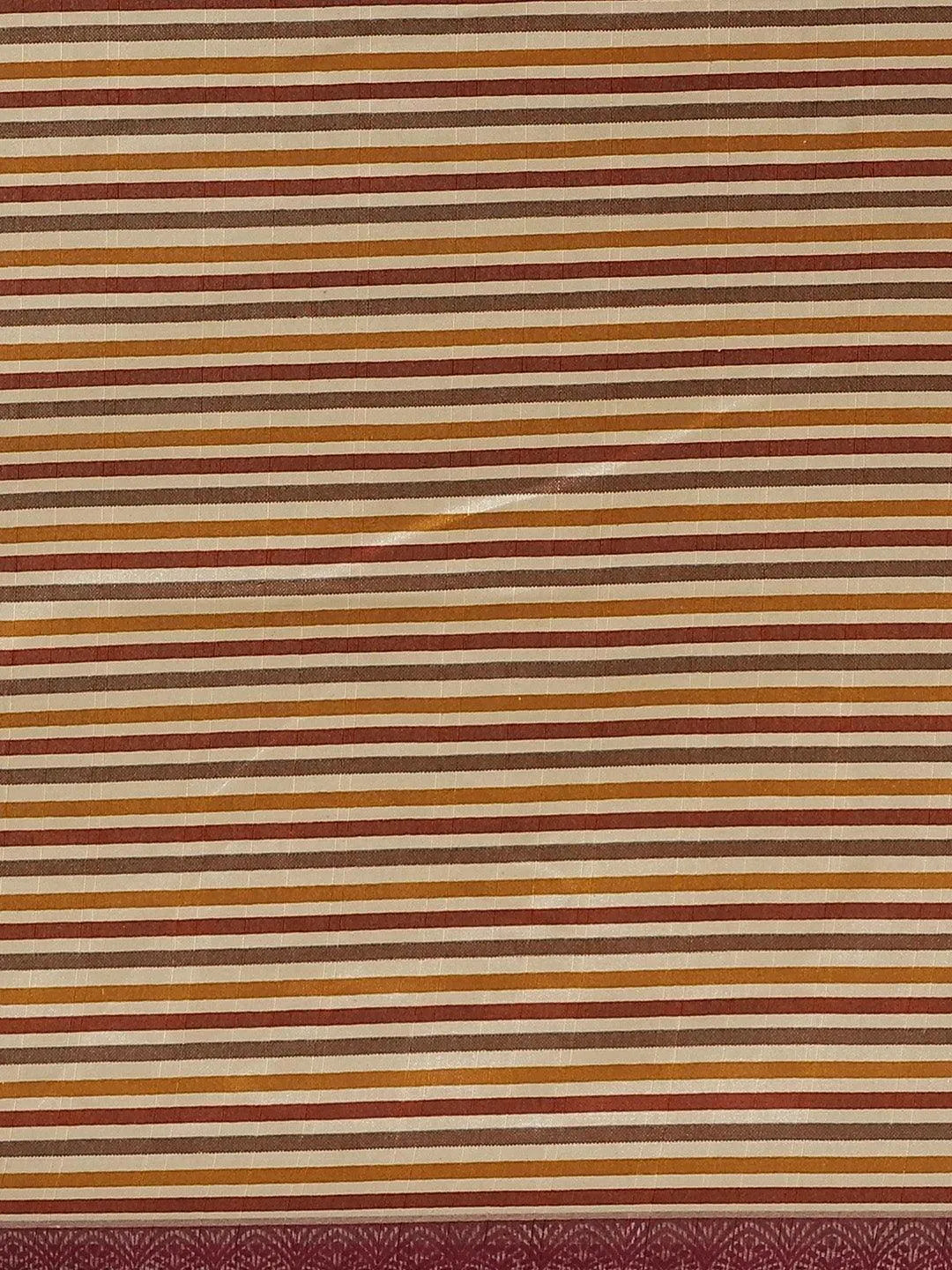 Beige Striped Silk Blend Saree - Libas 