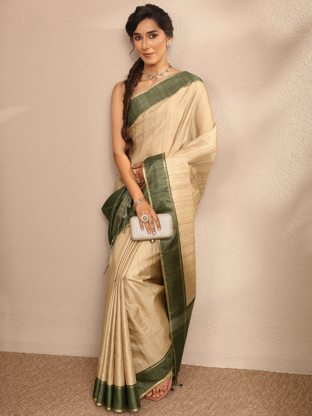 Beige Woven Design Silk Blend Saree With Unstitched Blouse Piece