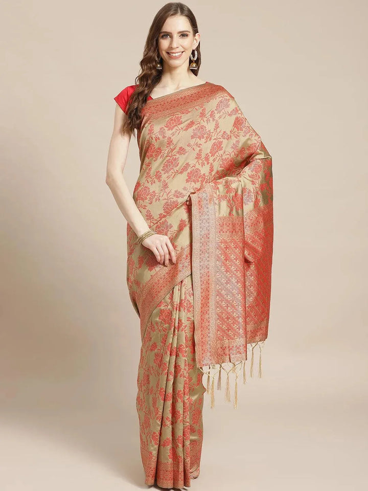 Beige Woven Design Brocade Saree - Libas