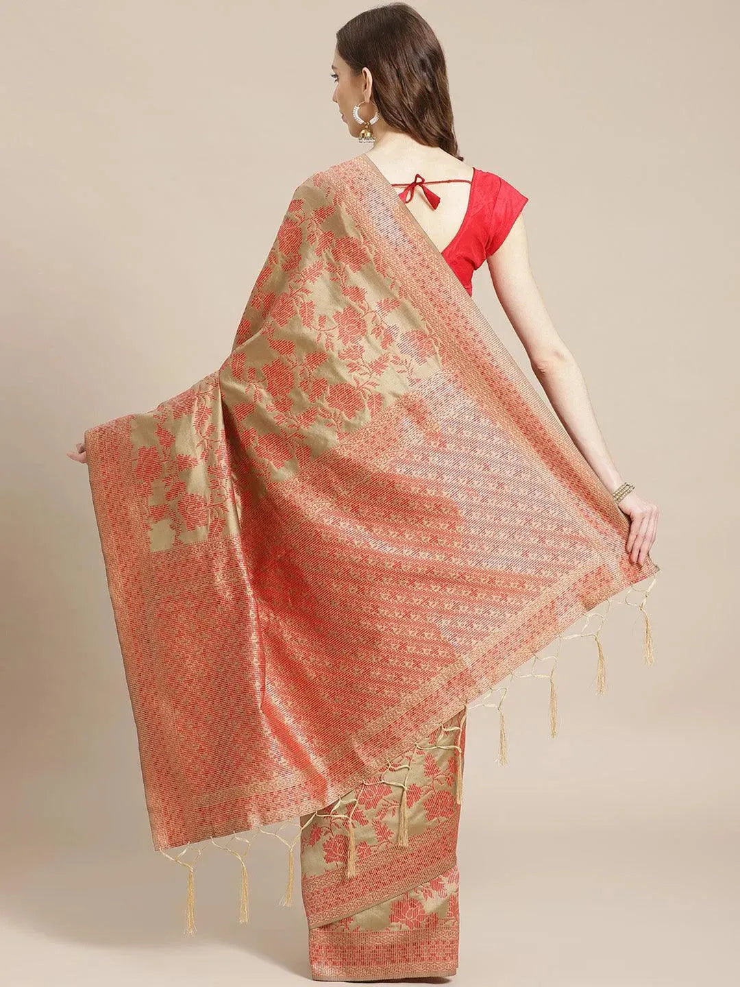 Beige Woven Design Brocade Saree - Libas 