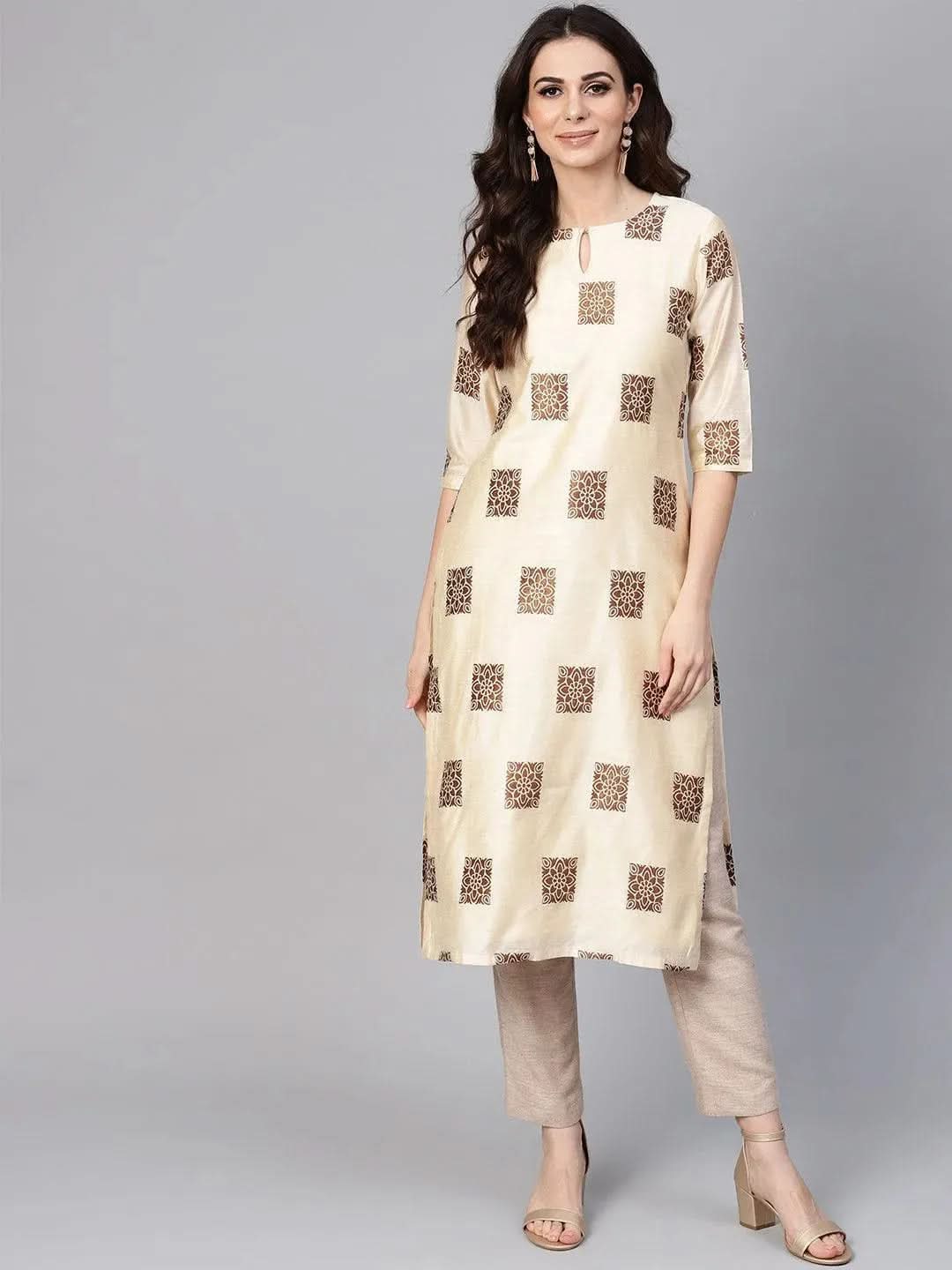 Beige Woven Design Chanderi Kurta - Libas