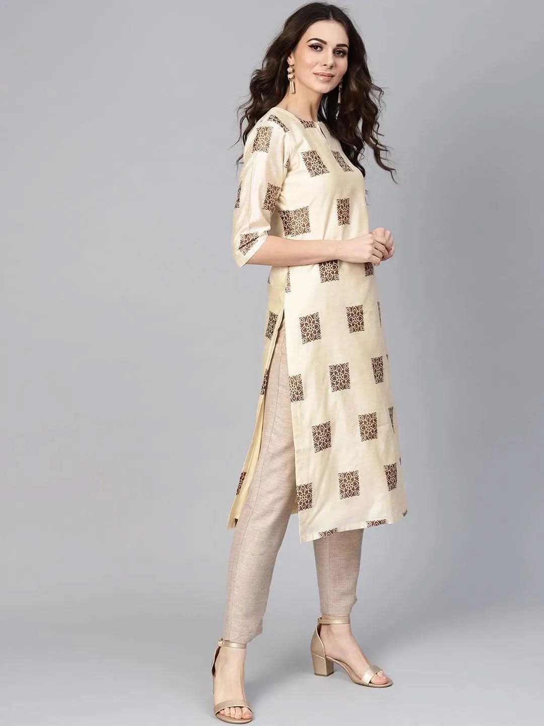 

Buy Beige Woven Design Chanderi Kurta - 8362MJ-XS | Libas Ethnic Wear Online
